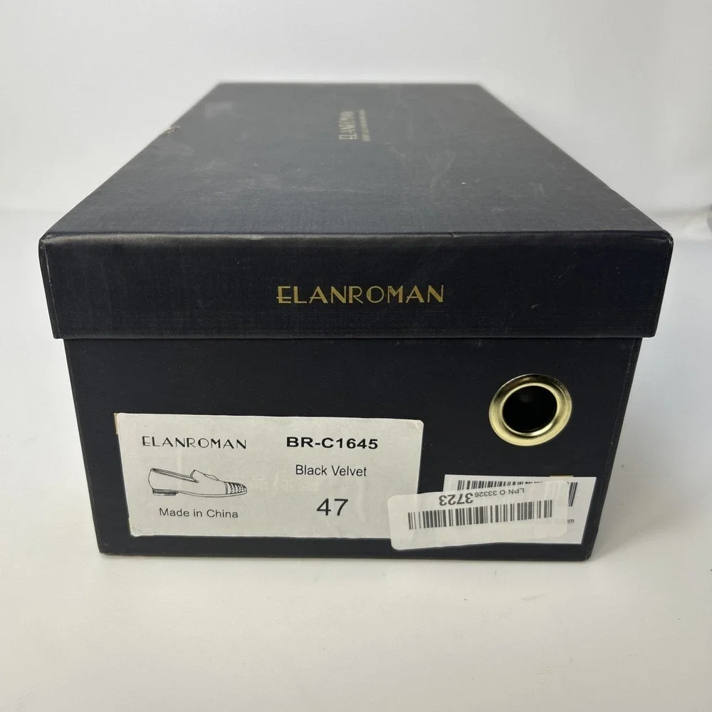 ELANROMAN Men's Velvet Loafers Black Gold Crest Studded Toe Size 13 EU 47 NWB